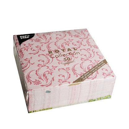 Um pacote de 50 PAPSTAR guardanapos "ROYAL Collection" 1/4-Dobra, 40x40 cm, em bordô de PAPSTAR GmbH. A embalagem quadrada destaca o design elegante dos guardanapos no interior.