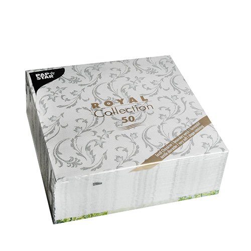 Uma caixa quadrada de PAPSTAR 50 guardanapos "ROYAL Collection" 40 x 40 cm cinza da PAPSTAR GmbH com 50 guardanapos em design cinza sobre fundo branco.