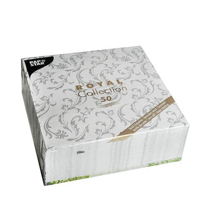 Uma caixa quadrada de PAPSTAR 50 guardanapos "ROYAL Collection" 40 x 40 cm cinza da PAPSTAR GmbH com 50 guardanapos em design cinza sobre fundo branco.