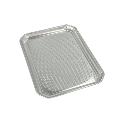 As Starpak 5 Servierplatten, Alu eckig 35 cm x 26 cm, são tabuleiros de alumínio retangulares com borda ligeiramente elevada e parte inferior texturizada, ideais para a gastronomia, embalados higienicamente em película retrátil.
