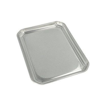 As Starpak 5 Servierplatten, Alu eckig 35 cm x 26 cm, são tabuleiros de alumínio retangulares com borda ligeiramente elevada e parte inferior texturizada, ideais para a gastronomia, embalados higienicamente em película retrátil.