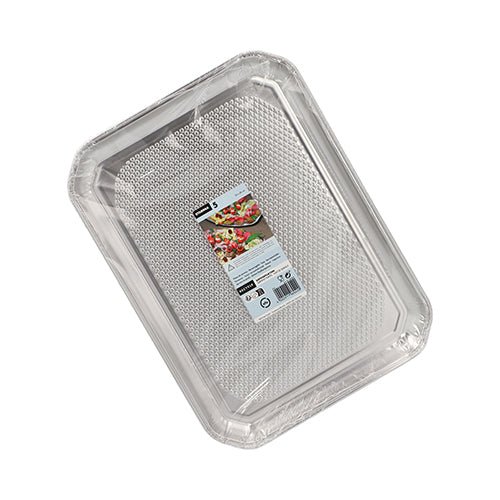 As Starpak 5 Servierplatten, Alu eckig 35 cm x 26 cm, são bandejas descartáveis retangulares de alumínio, embaladas higienicamente em película retrátil com uma etiqueta de imagem de alimentos centrada, perfeitas para a gastronomia profissional. (5 unidades).
