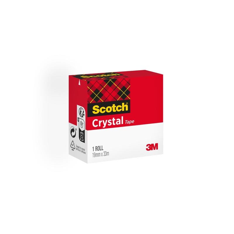 Uma caixa de Scotch® Crystal Fita Adesiva da 3M Deutschland GmbH, transparente, 1 rolo (19 mm x 33 m), com design vermelho e branco mais padrão xadrez. Símbolos de reciclagem e produto na lateral - ideal para material de escritório.