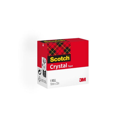 Uma caixa de Scotch® Crystal Fita Adesiva da 3M Deutschland GmbH, transparente, 1 rolo (19 mm x 33 m), com design vermelho e branco mais padrão xadrez. Símbolos de reciclagem e produto na lateral - ideal para material de escritório.