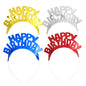 4er-Set Kunststoff-Haarreifen „Metallic“ der PAPSTAR GmbH mit der Aufschrift „HAPPY BIRTHDAY“ in Gelb, Silber, Blau und Rot – ideal für Partys. Zweireihig angeordnet. Produktname: PAPSTAR 4 Haarreifen farbig sortiert „Metallic“.