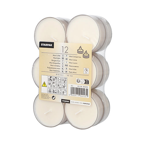 Uma embalagem de plástico transparente com 12 velas de chá Starpak Maxi (Ø 55 mm, 20 mm, branco) com aproximadamente 8 horas de duração, cada uma em um suporte de policarbonato. A etiqueta mostra a marca, detalhes do produto, símbolos de aplicação, avisos de segurança e um código de barras.