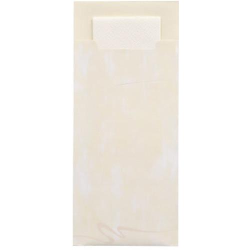 Um porta-talheres creme PAPSTAR GmbH 520 (20x8,5cm, 2 camadas) com aba retangular está parcialmente aberto, revelando um guardanapo correspondente no interior; a superfície lisa apresenta variações de cor discretas.