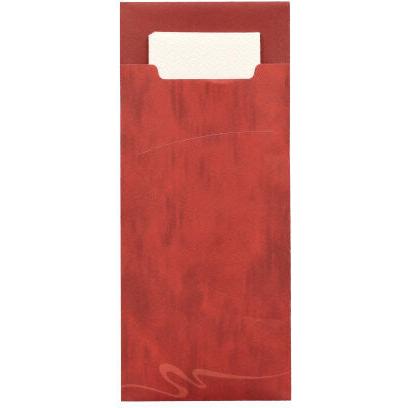 Os estojos de talheres 520 da PAPSTAR GmbH apresentam um suporte retangular vermelho de duas camadas (20 x 8,5 cm) com uma abertura para fácil acesso ao guardanapo creme correspondente (33 x 33 cm), que é parcialmente visível no interior.