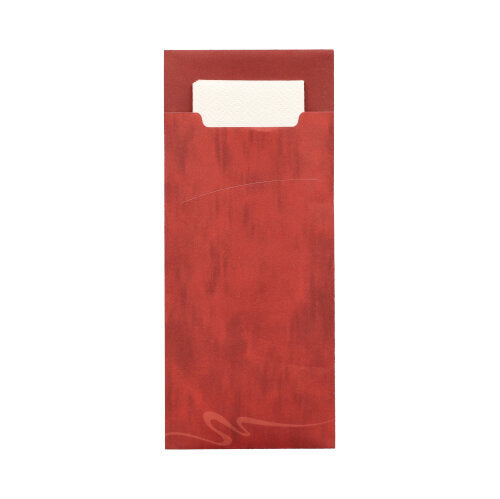 Um estojo de talheres retangular vermelho PAPSTAR 520 (20 x 8,5 cm) da PAPSTAR GmbH com um padrão espiral discreto e parcialmente aberto, permitindo a visão do guardanapo branco de 2 camadas correspondente (33 x 33 cm) no interior.