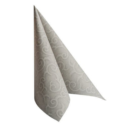 Um único guardanapo branco dobrado PAPSTAR "ROYAL Collection" (40x40 cm, 1/4-dobra, padrão espiral em relevo) está de pé diante de um fundo sólido.