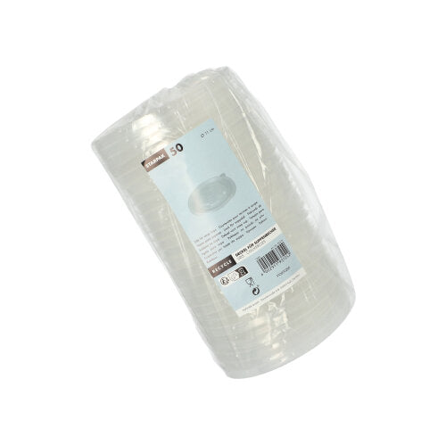 Uma pilha de 50 copos de sopa transparentes Starpak PP 'To Go' (Ø 11 cm) embalados em filme plástico com uma etiqueta azul e branca com detalhes do produto e código de barras garante um uso sem derramamento.