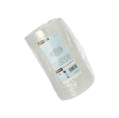 Uma pilha de 50 copos de sopa transparentes Starpak PP 'To Go' (Ø 11 cm) embalados em filme plástico com uma etiqueta azul e branca com detalhes do produto e código de barras garante um uso sem derramamento.