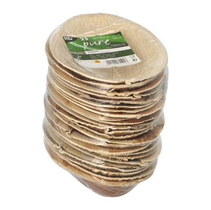 Um pacote com 25 tigelas ovais de folha de palma PAPSTAR "pure" (20x12,5 cm), ecológicas e biodegradáveis, da PAPSTAR GmbH, em filme retrátil com etiqueta verde e branca.