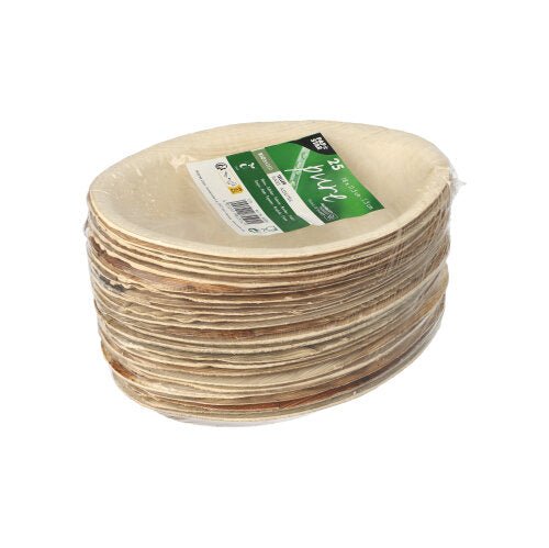 Uma pilha de PAPSTAR 25 Pratos ovais, folha de palma "pure" da PAPSTAR GmbH, feitos de material biodegradável, ecológico e embalados em plástico transparente com um rótulo verde com informações do produto.