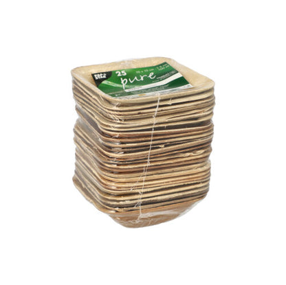Ein 25er-Pack runder PAPSTAR Palmblatt-Schalen „pure“ von PAPSTAR GmbH, umweltfreundlich und ideal für nachhaltige Events, in klarer Folie mit grün-weißem Etikett verpackt.