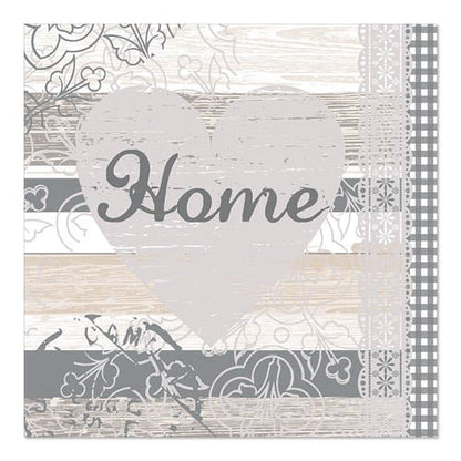 O cartaz decorativo PAPSTAR 20 guardanapos, 33 cm x 33 cm 3-camadas, Conjunto 4 da PAPSTAR GmbH apresenta um grande coração cinza-claro com a inscrição "Home" e listras rústicas semelhantes a madeira com padrões elegantes de flores de renda.