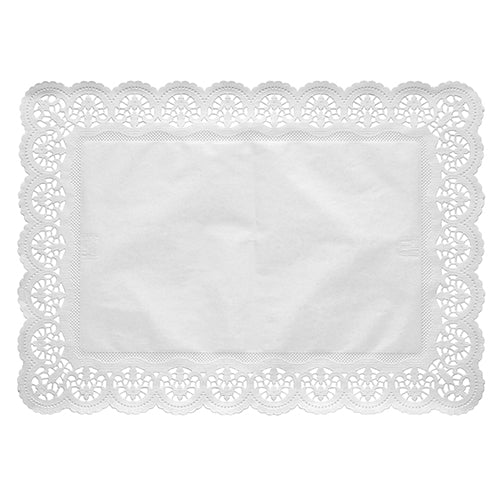 Os 100 papéis rendados quadrados, brancos da PAPSTAR GmbH consistem em toalhas de papel rendadas retangulares, brancas, com uma borda ondulada elaborada e um centro simples, exibidas sobre um fundo branco.