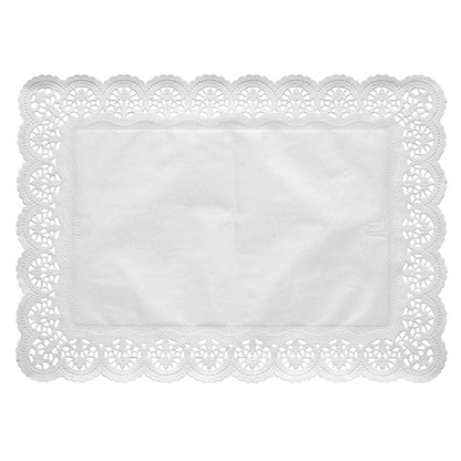 Os 100 papéis rendados quadrados, brancos da PAPSTAR GmbH consistem em toalhas de papel rendadas retangulares, brancas, com uma borda ondulada elaborada e um centro simples, exibidas sobre um fundo branco.