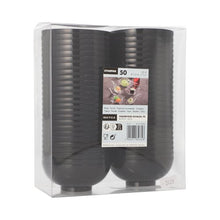 Die Klarsichtverpackung enthält 50 schwarze PAPSTAR PS Fingerfood-Schalen der PAPSTAR GmbH, zweireihig gestapelt mit Frontetikett und Recyclingsymbolen – ideal für Partys und Events.