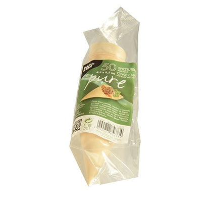 Uma embalagem transparente com 50 cones de finger food da PAPSTAR GmbH de madeira pura, com rótulo verde com informações do produto e imagens - perfeito para servir finger food em qualquer evento.
