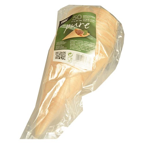 Numa embalagem transparente encontram-se 50 grandes copos de madeira "pure" para finger food da PAPSTAR GmbH, com rótulo frontal verde e branco com detalhes do produto e código de barras.