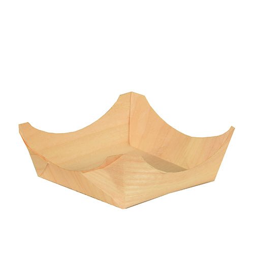 Uma pequena bandeja redonda de 50 tigelas de finger food "pura" de madeira clara e vazia da PAPSTAR GmbH com laterais levantadas e anguladas e aparência elegante, fotografada sobre um fundo branco simples.