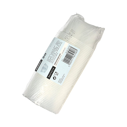 Uma embalagem de plástico transparente com 50 copos de molho Starpak (PP, redondo, Ø 7,1 cm) possui uma etiqueta branca com informações do produto e código de barras. Ideal para serviços de catering. Fundo branco.