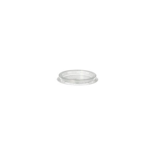 Uma tampa Starpak 50 para copos de porção, tampa redonda transparente de PP (Ø 4,6 cm), está com uma borda ligeiramente elevada sobre um fundo branco.