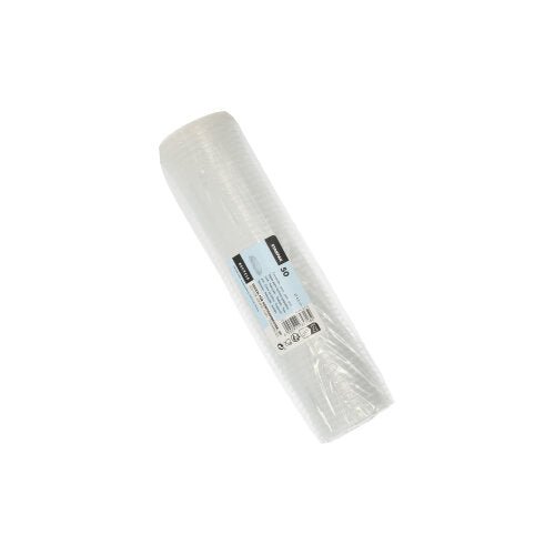 Diante de um fundo branco, é apresentada uma rolo de tampas Starpak 50 para copos de porção, PP redondo Ø 4,6 cm transparente (folha, 50 unidades) com uma etiqueta azul e branca no meio.