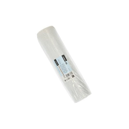Diante de um fundo branco, é apresentada uma rolo de tampas Starpak 50 para copos de porção, PP redondo Ø 4,6 cm transparente (folha, 50 unidades) com uma etiqueta azul e branca no meio.