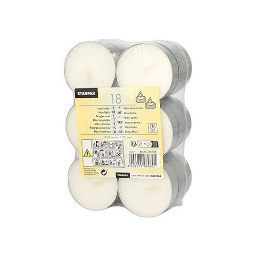 A embalagem Starpak 18 Maxi Velas (Ø 57 mm, 19 mm, branco) contém 18 velas brancas em copos de alumínio, embaladas em folha, com um rótulo multilingue amarelo para instruções e avisos – ideal para ocasiões com ambiente acolhedor.