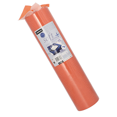Eine Rolle Starpak Tischläufer, stoffähnlich Vlies „Soft Selection Plus“ (24 m x 40 cm), steht aufrecht mit einem Stück oben leicht abgerollt – ideal für besondere Anlässe. Das Produktetikett zeigt die Marke Starpak und Details.