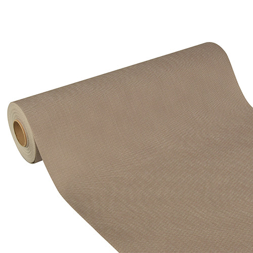 O corredor de mesa Starpak "Soft Selection Plus" de velo semelhante a tecido (24 m x 40 cm) em bege está parcialmente desenrolado em um fundo branco - perfeito para eventos festivos.