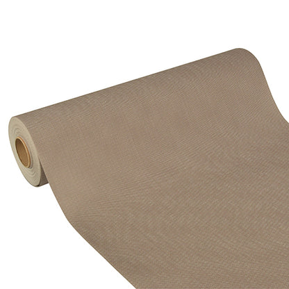 O corredor de mesa Starpak "Soft Selection Plus" de velo semelhante a tecido (24 m x 40 cm) em bege está parcialmente desenrolado em um fundo branco - perfeito para eventos festivos.