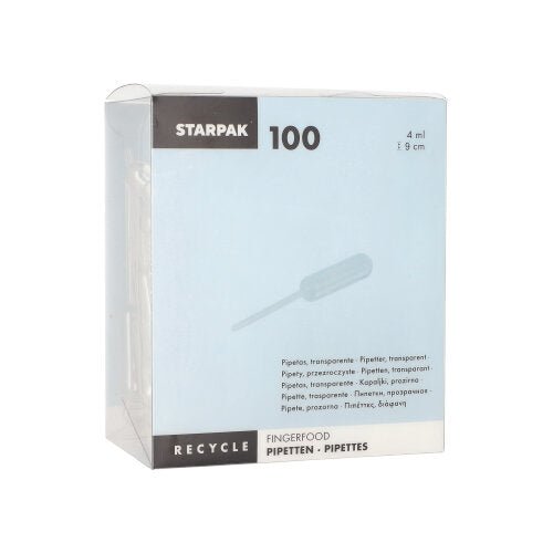 As pipetas Starpak 100, PE transparente da Starpak são uma caixa transparente com pipetas de polietileno de 4 ml para finger food, com instruções de reciclagem e informações multilíngues sobre "pipetas" e dosagem de líquidos.
