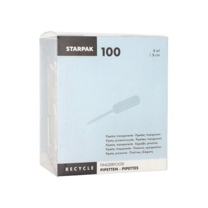 As pipetas Starpak 100, PE transparente da Starpak são uma caixa transparente com pipetas de polietileno de 4 ml para finger food, com instruções de reciclagem e informações multilíngues sobre "pipetas" e dosagem de líquidos.