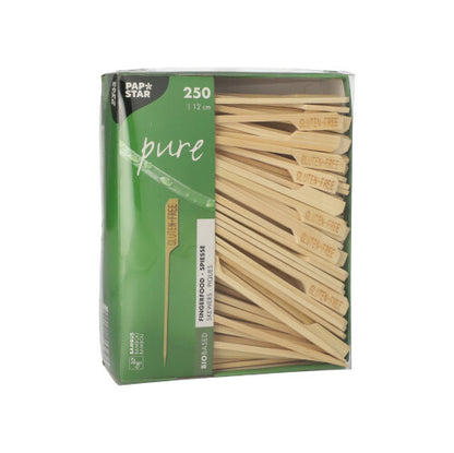 Uma caixa com 250 espetos para Fingerfood "pure" da PAPSTAR GmbH com embalagem verde e biodegradável; alguns espetos de bambu têm a gravação "GLUTEN-FREE" e são ideais para festas ou eventos com exigências dietéticas.