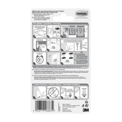 Na parte de trás das Tiras de Montagem de Quadros Command™ L 17206, Brancas da 3M Deutschland GmbH, encontra-se um guia passo-a-passo para aplicação e remoção, informações multilíngues, um código de barras, detalhes do produto, bem como os logotipos da 3M e Command.