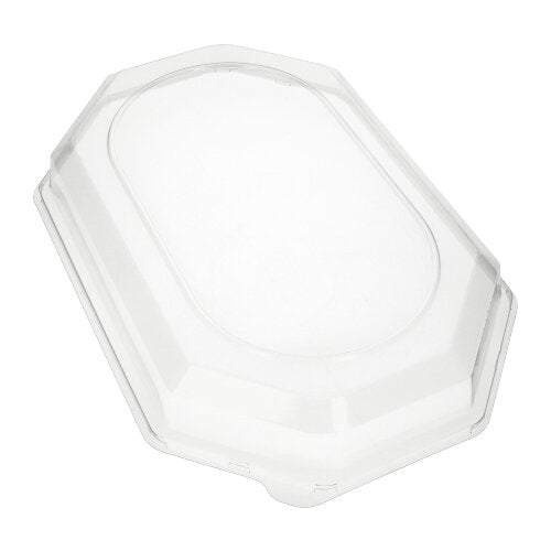A tampa Starpak 10 para bandejas de servir, PET transparente, é uma tampa de plástico oval e transparente com borda elevada da Starpak. É ideal para manter os alimentos frescos em recipientes adequados e está ilustrada sobre um fundo branco.