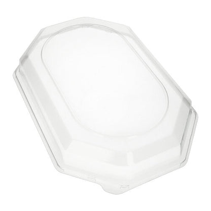 A tampa Starpak 10 para bandejas de servir, PET transparente, é uma tampa de plástico oval e transparente com borda elevada da Starpak. É ideal para manter os alimentos frescos em recipientes adequados e está ilustrada sobre um fundo branco.