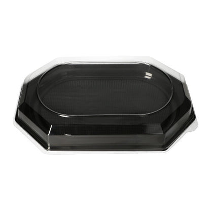 A tampa Starpak 10 para bandejas de servir, PET transparente, é uma bandeja preta octogonal durável com tampa transparente e superfície texturizada – ideal para transportar ou apresentar alimentos enquanto os mantém frescos.