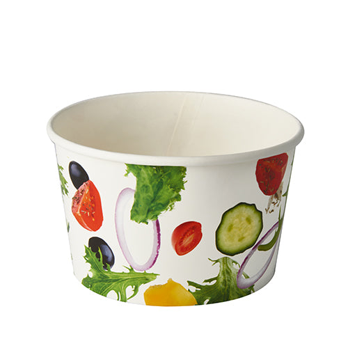 As Starpak 50 Tigelas de Salada de Papel "To Go" (600 ml, Ø 12,5 cm x 7,5 cm) são impressas no exterior com motivos coloridos de vegetais. Este conjunto contém 50 tigelas de papel resistentes, perfeitas para saladas em movimento. A tigela é mostrada vazia sobre um fundo branco.