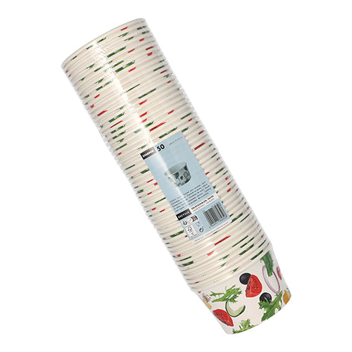 Starpak 50 Salatschalen aus Pappe „To Go“, 600 ml, Ø12,5 cm, H7,5 cm mit Gemüse-Design im Klarfolienpack – ideal zum Mitnehmen.
