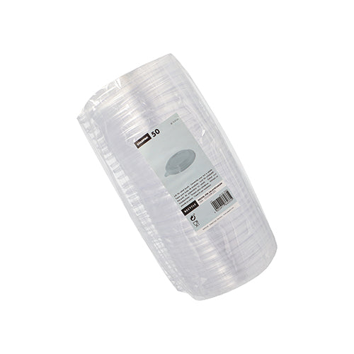 Um pacote embalado em filme transparente com 50 tampas descartáveis Starpak PS (Ø 12,5 cm, 2,1 cm, transparente) para tigelas de salada "To Go", equipado com uma etiqueta retangular com informações da marca e código de barras - perfeito para pratos para levar.