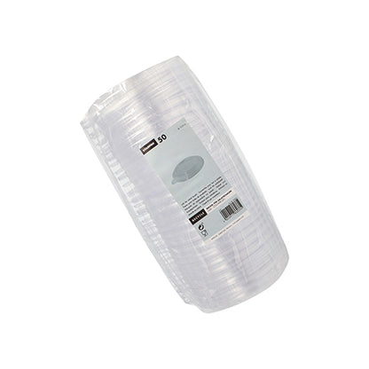 Um pacote embalado em filme transparente com 50 tampas descartáveis Starpak PS (Ø 12,5 cm, 2,1 cm, transparente) para tigelas de salada "To Go", equipado com uma etiqueta retangular com informações da marca e código de barras - perfeito para pratos para levar.