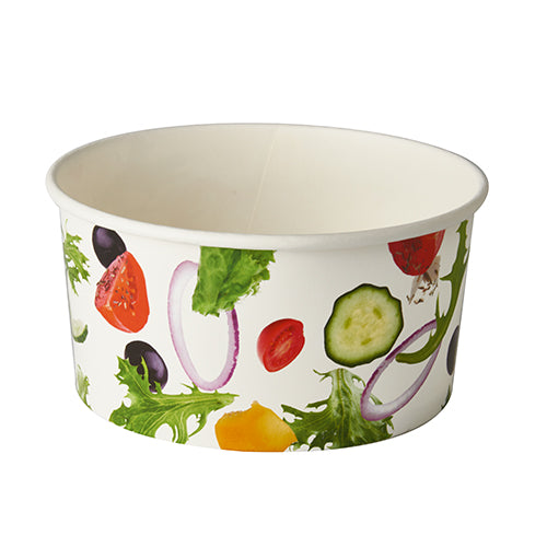 As tigelas de salada Starpak 45 "Para Levar" são tigelas descartáveis de papel branco com 15 cm de diâmetro, com imagens de tomates, pepinos, cebolas roxas, alface e azeitonas impressas no exterior.