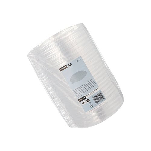 Uma embalagem com 45 tampas Starpak PS transparentes para tigelas de salada (Ø 15 cm, 2 cm de altura), ainda selada em filme com informações do produto e código de barras - perfeita para uso para levar.