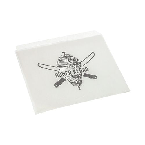 As embalagens de Kebabs Döner PAPSTAR, substituto de pergaminho, 16x16 cm, película retrátil à prova de gordura (1000 unidades) da PAPSTAR GmbH são embalagens alimentares duráveis, brancas, com um espeto de döner e facas cruzadas, além do texto "DÖNER KEBAB".