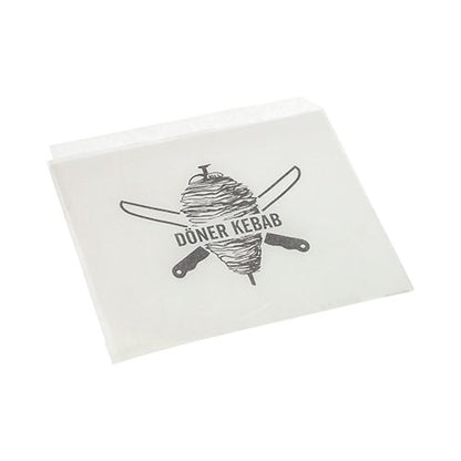 As embalagens de Kebabs Döner PAPSTAR, substituto de pergaminho, 16x16 cm, película retrátil à prova de gordura (1000 unidades) da PAPSTAR GmbH são embalagens alimentares duráveis, brancas, com um espeto de döner e facas cruzadas, além do texto "DÖNER KEBAB".