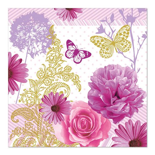 PAPSTAR GmbH 20 guardanapos, 33 cm x 33 cm, 3-camadas, conjunto 5: design com flores rosa (rosa, peônia, margarida), borboletas douradas/roxas e folhagem dourada ornamentada em fundo listrado diagonal e pontilhado.